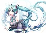  2016 aqua_eyes aqua_hair beamed_sixteenth_notes dated detached_sleeves eighth_note floating_hair hand_on_own_chest hatsune_miku headset long_hair musical_note necktie open_mouth shizune skirt solo treble_clef twintails very_long_hair vocaloid white_background 