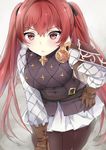  bad_id bad_pixiv_id bent_over fire_emblem fire_emblem_if frown hair_ribbon kaetzchen long_hair luna_(fire_emblem_if) red_eyes red_hair ribbon simple_background solo twintails 