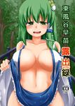  blush breasts commentary_request cover cover_page covered_nipples covering detached_sleeves doujin_cover doujinshi frog_hair_ornament green_eyes green_hair hair_ornament hair_tubes heart heart-shaped_pupils japanese_clothes kochiya_sanae large_breasts long_hair long_sleeves looking_at_viewer midriff miko nature navel open_clothes open_mouth open_shirt pirorun shirt skirt skirt_lift smile snake_hair_ornament solo sweat symbol-shaped_pupils text_focus touhou tree wavy_mouth wide_sleeves 