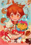  2016 ahoge blush bouquet brown_hair cake croissant crown dated eyebrows fingerless_gloves flower food forked_eyebrows gift gloves happy_birthday male_focus open_mouth pie pop-up_story selim_spark solo st._feles_gakuen_uniform stuffed_animal stuffed_cat stuffed_toy tomo10 wavy_mouth 