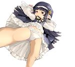  black_hair brooch dress eyepatch eyepatch_removed frilled_dress frilled_panties frills granblue_fantasy harvin hat heterochromia jewelry long_hair long_sleeves lunalu_(granblue_fantasy) lying momo_(higanbana_and_girl) navel panties pointy_ears purple_eyes ribbon simple_background solo underwear white_background white_panties 