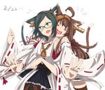  &gt;_&lt; ahoge animal_ears black_hair blue_eyes brown_hair cat_day cat_ears cat_tail closed_eyes fang glasses hairband hollomaru hug hug_from_behind kantai_collection kemonomimi_mode kirishima_(kantai_collection) kongou_(kantai_collection) long_hair multiple_girls nontraditional_miko pantyhose short_hair skirt tail thighhighs 