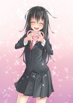  :d ^_^ black_hair blazer blush closed_eyes collared_shirt gradient gradient_background hair_between_eyes hatsushimo_(kantai_collection) heart heart_hands highres jacket kantai_collection long_hair long_sleeves necktie open_mouth pink_background pleated_skirt red_neckwear school_uniform shirt skirt smile solo sparkle teeth zaki_(2872849) 