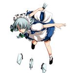  apron blue_eyes bow braid commentary_request foreshortening green_bow hair_bow izayoi_sakuya knife leaning_forward looking_at_viewer maid maid_headdress pirorun puffy_short_sleeves puffy_sleeves short_hair short_sleeves silver_hair simple_background solo touhou twin_braids waist_apron white_background 