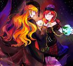  2girls bare_shoulders black_dress black_shirt blonde_hair breasts chain chains chinese_clothes choker cleavage clothes_writing dress earth_(ornament) energy fox_tail gold_chain grin hand_up hat hecatia_lapislazuli junko_(touhou) long_hair long_sleeves looking_back moon_(ornament) multicolored_skirt multiple_girls multiple_tails obi off-shoulder_shirt off_shoulder open_mouth plaid plaid_skirt red_eyes red_hair sash shirt sidelocks skirt smile space tail teeth touhou verifying_(artist) very_long_hair wide_sleeves 