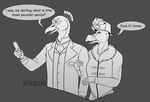  anthro avian beak bird clothed clothing crest dialogue duo female male peafowl phone vulture wyldelyn216 