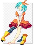  absurdres alternate_legwear aqua_hair barefoot dress feet green_eyes highres legwear_removed mahito monogatari_(series) nisemonogatari ononoki_yotsugi shoes short_hair single_shoe single_thighhigh sitting soles solo striped striped_legwear thighhighs twintails 