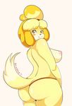  &lt;3 animal_crossing anthro big_breasts big_butt black_nose blonde_hair blush boxollie breasts brown_eyes butt canine clothed clothing dog erect_nipples female fur hair hairband isabelle_(animal_crossing) looking_at_viewer looking_back mammal mostly_nude nintendo nipples panties raised_tail shih_tzu simple_background smile solo standing topless underwear video_games white_background white_fur yellow_fur 