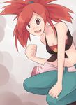  1girl asuna_(pokemon) breasts cleavage gym_leader pokemon pokemon_(game) red_eyes red_hair simple_background smile solo 