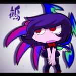  bad_id bad_pixiv_id black_hair black_legwear blurry bow bowtie character_name depth_of_field houjuu_nue inunoko. parody red_eyes short_hair solo style_parody style_request touhou wings 