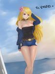  bad_id bad_pixiv_id bangs bare_shoulders blonde_hair breasts bustier day dungeon_and_fighter earrings flower hair_flower hair_ornament hand_behind_head jewelry large_breasts necklace off_shoulder photo_(object) purple_eyes shaojiang short_shorts shorts sky solo strapless swept_bangs thigh_gap 