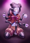  2016 absurd_res arachnid arthropod beverage black_hair blue_body clothing fangs female food gloves hair hi_res legwear monster muffet navel short_hair sitting solo spider tea undertale video_games 未來 