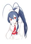  3four antenna_hair blazblue blazblue_remix_heart blue_hair bow cravat genderswap genderswap_(mtf) hair_bow hand_on_own_cheek hand_on_own_face long_hair mai_natsume ponytail pout red_eyes ribbon school_uniform simple_background sitting solo upper_body white_background 