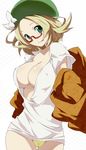  1girl bel_(pokemon) blonde_hair breasts cameltoe cleavage erect_nipples glasses green_eyes hat large_breasts looking_at_viewer open_clothes panties pokemon smile solo tongue tongue_out toru_k underwear 
