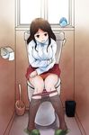  1girl bathroom breasts brown_hair large_breasts long_hair panty_pull pantyhose_pull pikopiko_suru_yatsu pubic_hair sitting skirt_lift slippers solo toilet toilet_paper trash_can uncensored 