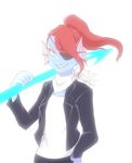  anthro blue_body clothing eye_patch eyewear female fish hair jacket long_hair marine melee_weapon monster polearm ponytail red_hair scarf simple_background smile solo spear undertale undyne video_games weapon 薏仁／ハトムギ 