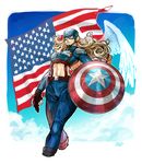  absurdres america american_flag artist_name blonde_hair blue_eyes boots captain_america cloud commentary_request crop_top cropped_legs curly_hair day fingerless_gloves genderswap genderswap_(mtf) gloves helmet highres long_hair marvel mask midriff navel okada_(hoooojicha) shield sky star steve_rogers superhero suspenders toned wings 