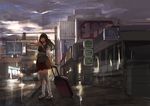  adjusting_hair akagi_(kantai_collection) bad_id bad_pixiv_id brown_eyes brown_hair building bus city cloud cloudy_sky ground_vehicle itou_(golem_inc) kantai_collection long_hair motor_vehicle road road_sign rolling_suitcase sandals sign sky smile solo street thighhighs traffic_light twilight white_legwear zettai_ryouiki 