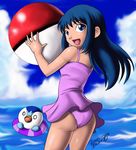  1girl ass bare_shoulders beach_ball beachball blue_eyes blue_hair hikari_(pokemon) innertube long_hair louisblack78 one-piece_swimsuit piplup pokemon sea sky swimsuit 