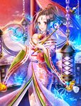  bell brown_hair chain facial_mark flower forehead_mark haboshi_hitomi ice japanese_clothes kimono lamp long_hair orange_eyes oriental_umbrella original ponytail sengoku_taisen solo umbrella very_long_hair 