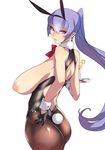  animal_ears areolae ass back ban black_gloves breastless_clothes breasts bunny_ears bunny_tail bunnysuit cup drinking_glass earrings food fruit gloves highres huge_breasts jewelry lemon lemon_slice looking_at_viewer nipples original pantyhose ponytail purple_eyes purple_hair sagging_breasts simple_background solo tail tray white_background wrist_cuffs 