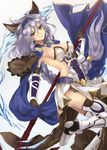  animal_ears armor armored_boots ass belt bikini_armor boots cape elbow_gloves erune gloves granblue_fantasy heles highres impossible_clothes lavender_hair polearm riffey solo standing standing_on_one_leg vambraces weapon yellow_eyes 
