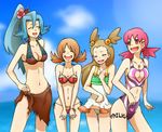  age_difference akane_(pokemon) bikini blue_hair breasts brown_hair earrings flat_chest gym_leader happy ibuki_(pokemon) jewelry kotone_(pokemon) laughing laughning mikan_(pokemon) pink_hair pokemon pokemon_hgss ponytail sky swimsuit twintails 