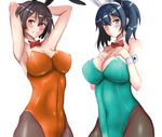  animal_ears arms_up blue_eyes bow bowtie breasts brown_eyes brown_hair bunny_ears bunny_girl bunnysuit cleavage collarbone covered_navel cowboy_shot fake_animal_ears fishnet_legwear fishnet_pantyhose fishnets green_leotard grin hair_between_eyes hairband hands_on_own_chest highres hiryuu_(kantai_collection) kantai_collection large_breasts leotard multiple_girls orange_leotard pantyhose red_bow red_neckwear satou_aji short_hair simple_background skin_tight smile souryuu_(kantai_collection) tareme teeth white_background wrist_cuffs 
