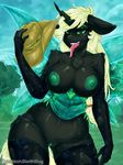  2016 anthro anthrofied applejack_(mlp) areola big_breasts blonde_hair breasts changeling clothing dimwitdog elbow_gloves female fingerless_gloves friendship_is_magic gloves green_eyes hair hat hi_res holding_object horn legwear long_hair long_tongue my_little_pony nipples open_mouth pussy queen_chrysalis_(mlp) solo thigh_highs tongue tongue_out wings 