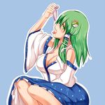  bare_shoulders blue_background blush breasts cleavage commentary_request condom cum cum_in_mouth detached_sleeves frog_hair_ornament gokkun green_eyes green_hair hair_ornament hair_tubes japanese_clothes kochiya_sanae large_breasts long_hair looking_at_viewer miko pirorun profile simple_background snake_hair_ornament solo sweat tongue tongue_out touhou used_condom wide_sleeves 