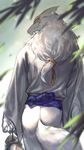  alcohol animal back blurry closed_mouth cowboy_shot depth_of_field fox from_behind furry gradient hair_ornament hangleing holding japanese_clothes kimono long_hair long_sleeves low-tied_long_hair madara_(natsume_yuujinchou) male_focus monster_boy natsume_yuujinchou no_humans plant sash smile solo tail tail_through_clothes tassel white_hair wide_sleeves 