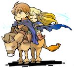  1girl armor blonde_hair blue_cape boots brown_eyes cape circlet closed_eyes deedlit full_body horse hounori long_hair parn pauldrons record_of_lodoss_war shadow short_hair simple_background smile white_background 