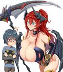  1girl bad_id bad_twitter_id bangs black_gloves black_hair blue_eyes blush book breasts bursting_breasts cleavage demon_girl demon_wings eyebrows fingerless_gloves gigantic_breasts glasses gloves hair_between_eyes highres horns inactive_account kloah pointy_ears red_eyes red_hair scythe simple_background white_background wings 