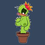  big_breasts blush breasts cactus eyelashes female flora_fauna flower flower_pot green_sclera lactating nipples one_eye_closed plant sketchy-replies solo 