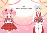  1girl 2016 bishoujo_senshi_sailor_moon bow chibi_usa cowboy_shot cravat double_bun forehead_jewel formal gradient gradient_background hair_bow happy_valentine heart heart-shaped_pupils heart_background helios_(sailor_moon) looking_at_viewer nightcat pink_background pink_hair plaid plaid_skirt red_bow red_eyes red_skirt short_hair skirt smile standing suit symbol-shaped_pupils twintails unmoving_pattern valentine white_hair yellow_background yellow_eyes 