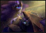 2016 abstract_background absurd_res armor begasuslu black_feathers black_fur blue_eyes blue_hair equine feathered_wings feathers female feral friendship_is_magic fur glowing glowing_eyes hair helmet hi_res horn jewelry magic mammal my_little_pony necklace nightmare_moon_(mlp) princess_luna_(mlp) slit_pupils solo spread_wings winged_unicorn wings 