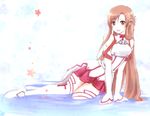  asuna_(sao) breastplate brown_eyes brown_hair detached_sleeves long_hair lying nyame on_side solo sword_art_online thighhighs 