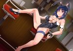  animal_ears bare_shoulders black_hair blue_eyes breasts bunny_ears bunnysuit chakabo cleavage highres large_breasts leotard long_hair original shoes single_shoe solo spread_legs thigh_strap 