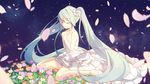  aqua_hair choker closed_eyes dress flower from_side hands_on_own_chest hatsune_miku kushibi long_hair petals sitting solo twintails very_long_hair vocaloid wariza 