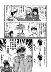  ascot atago_(kantai_collection) beret breasts comic commentary_request greyscale hat highres hoshino_banchou kantai_collection long_hair machinery medium_breasts military military_uniform military_vehicle monochrome naval_uniform one_eye_closed peaked_cap ship short_hair sweat takao_(kantai_collection) translated turret uniform warship watercraft 