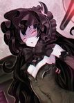  black_hair bonnet bow breasts chromatic_aberration covered_navel detached_sleeves dress glowing glowing_eyes gothic_lolita horns isolated_island_hime kantai_collection lolita_fashion long_hair looking_at_viewer matanonki pale_skin parted_lips red_eyes shinkaisei-kan small_breasts solo very_long_hair 