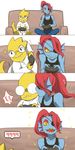  alphys anthro blue_body clothing controller duo eye_patch eyewear female fish glasses hair kissing lizard long_hair marine monster ponytail red_hair reptile scalie simple_background sofa undertale undyne video_games 薏仁／ハトムギ 