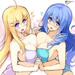  ahoge bikini blonde_hair blue_bikini blue_eyes blue_hair blush breast_press breasts cleavage collarbone cu-no drill_hair fang hair_ornament hakurei_botan hisenkaede holding_hands interlocked_fingers kohitsuji_ai large_breasts long_hair multiple_girls open_mouth original purple_eyes swimsuit symmetrical_docking take_your_pick tears 