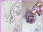  1girl book cloud comparison drawing foreshortening hairband looking_at_viewer minigirl nib_pen_(object) open_mouth original pen purple purple_eyes purple_hair purple_hairband sidelocks smile tsukushi_akihito 