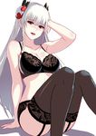  arm_at_side arm_support bad_id bad_pixiv_id bangs black_bra black_panties blunt_bangs blush bra braid breasts cleavage collarbone dark_valkyrie_(p&amp;d) eyebrows eyebrows_visible_through_hair eyelashes floral_print garter_straps hair_ornament hand_in_hair hand_on_own_head highres lace lace_bra lace_panties large_breasts long_hair looking_at_viewer open_mouth panties puzzle_&amp;_dragons red_eyes silver_hair simple_background sitting smile solo thighhighs tongue tongue_out twin_braids underwear underwear_only valkyrie_(p&amp;d) white_background white_hair zeroshiki_kouichi 