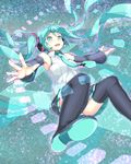  aqua_eyes aqua_hair black_footwear black_legwear boots butatikin detached_sleeves hatsune_miku headset highres long_hair looking_at_viewer necktie open_mouth outstretched_arms skirt solo spread_arms thigh_boots thighhighs twintails very_long_hair vocaloid 