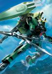  blue_sky cloud day forbidden_gundam glowing glowing_eyes gun gundam gundam_seed harunori_oogami highres holding holding_weapon hose looking_at_viewer mecha no_humans outdoors scythe shield sky water weapon 