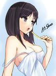  artist_name bad_id bad_pixiv_id black_hair breasts camisole dripping eating fang food_on_body from_side medium_breasts original purple_eyes shaojiang skindentation solo strap_slip upper_body 
