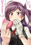  ahoge food gloves hagikaze_(kantai_collection) highres kamelie kantai_collection long_hair macaron neck_ribbon one_side_up open_mouth purple_hair red_ribbon ribbon school_uniform solo translated vest white_day 
