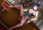  animal_ears bare_shoulders black_hair blue_eyes breasts bunny_ears bunnysuit chakabo cleavage fishnets highres large_breasts leotard long_hair original pantyhose shoes single_shoe solo spread_legs thigh_strap 